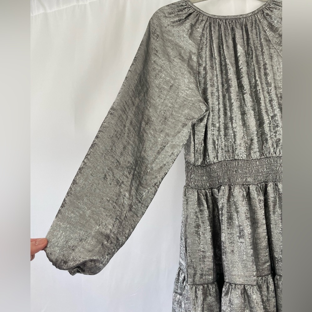 Gap Metallic Silver Smocked Shine Splitneck Mini Dress Available in Med or Large - Picture 10 of 10